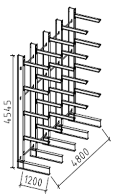 Aanbieding enkelzijdige draagarmstelling met 5 staanders en 20 armen.
Belasting 685 kg per arm. Afmeting H=4.500 x D=1.200 x L=4.800mm.